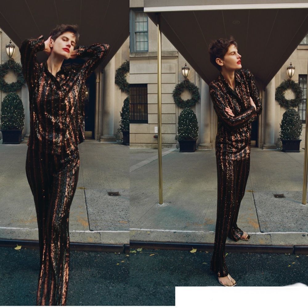Zara black & burnt orange sequin pinstripe button-down shirt Sz M NWT - Picture 3 of 11